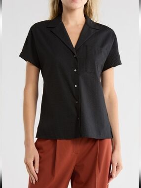 THEORY RALFINN O SH MOD SEERSUCKER SHORT SLEEVE SHIRT BLACK Sz P petite NWT